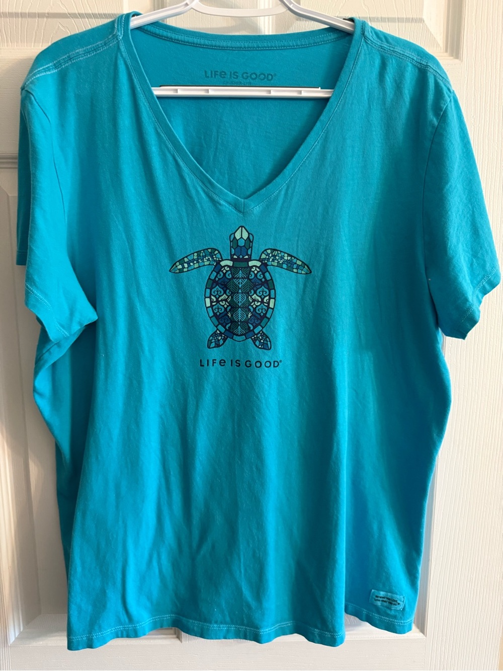 Life Is Good Turquoise V-Neck Tee with Turtle Graphic
